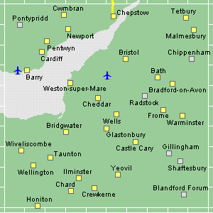 Active map showing Somerset,
                Glamorgan and Gloucestershire - Click a yellow square to
                view all accommodation in that place